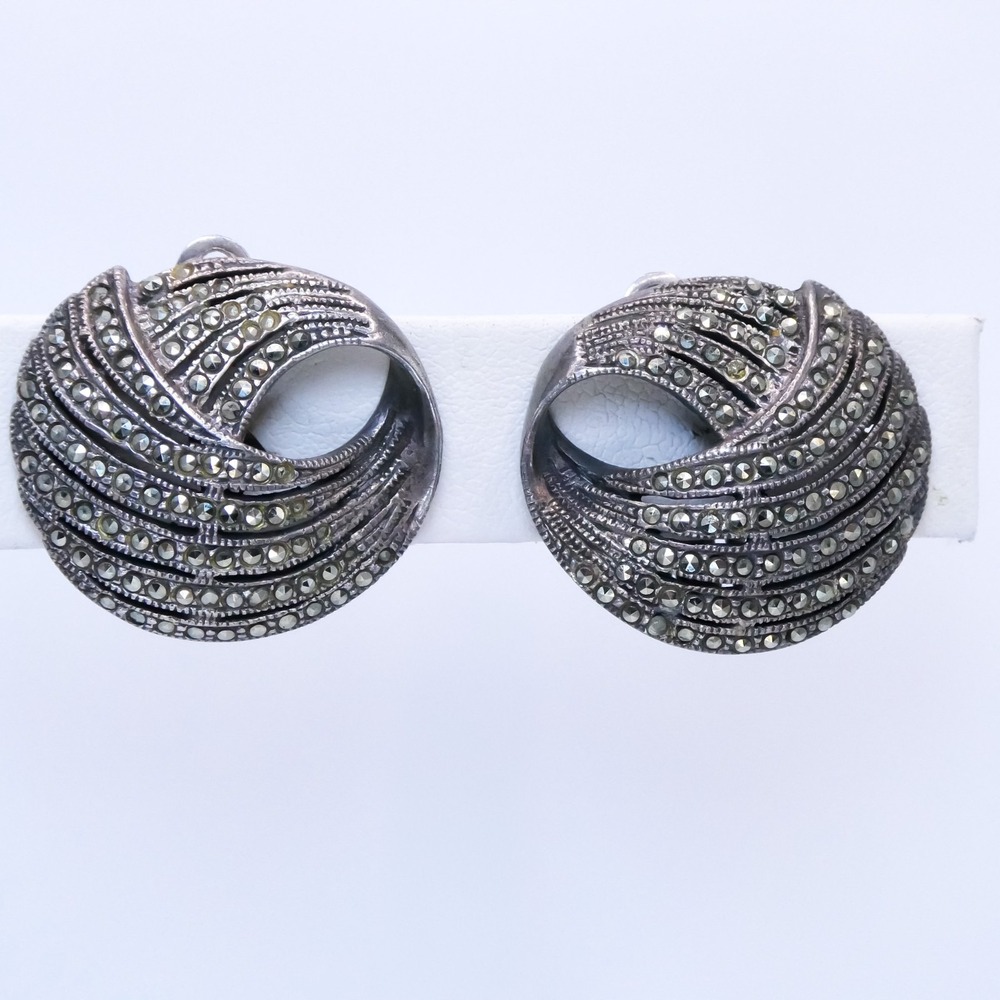 Art Deco Sterling Silver 925 Marcasite Open Swirl Womens Clip-on 1" Earrings